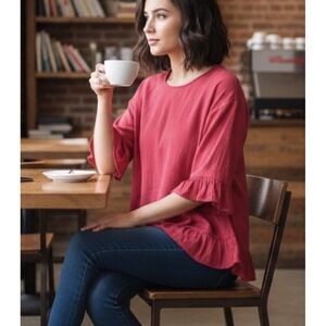 Anthropologie ENTRO Linen‎ Blend Blouse Top Sz L Ruffle Hem Bell Sleeve Babydoll